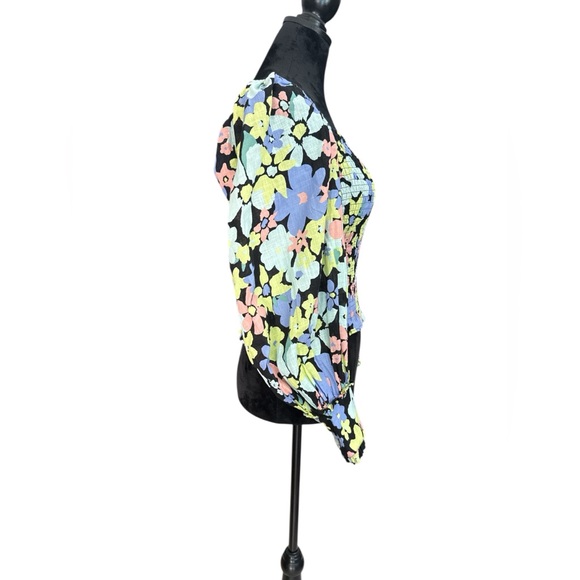 Free People Smocked Floral Puff Sleeve Top XS – Square Neck Black Multicolor - Picture 5 of 13